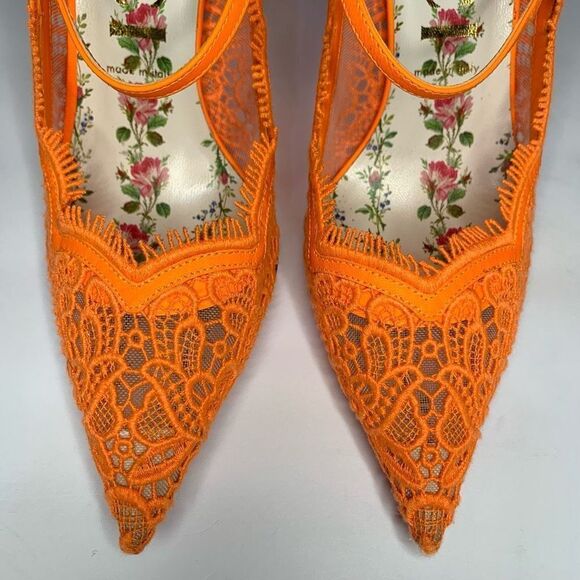 Gucci Virginia Lace Pumps Neon Orange EU 40 US 10 Mary Jane Lace Heels - Picture 5 of 11